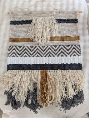 Boho Woven Wall Hanging Tapestry | Neutral Fringe Textile Decor